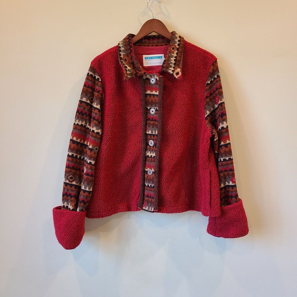 Rare SuzKnits Womens Aztec Fleece Jacket Large Red Merino Wool Southwestern